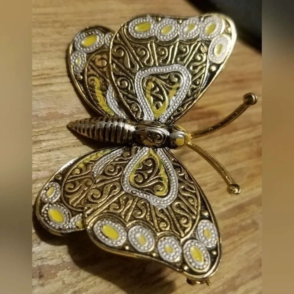 Vintage Hand Painted Golden Butterfly Brooch